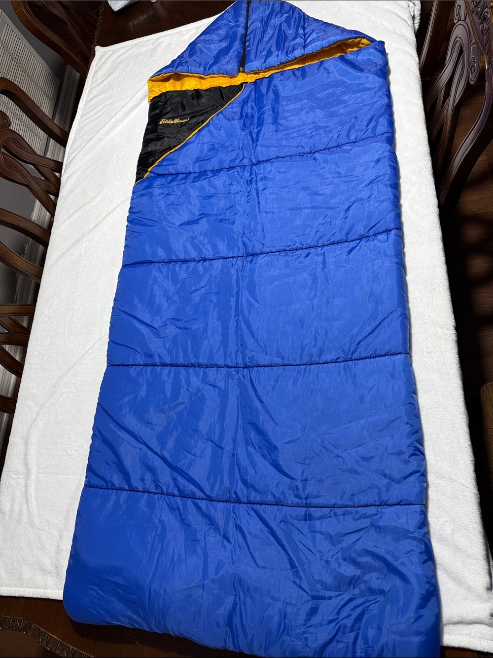 Eddie Bauer Royal Blue Sleeping Bag with yellow on the inside